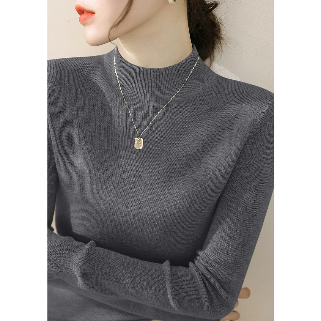 深灰色半高领毛衣长袖针织衫女秋冬新款修身气质内搭打底上衣女装