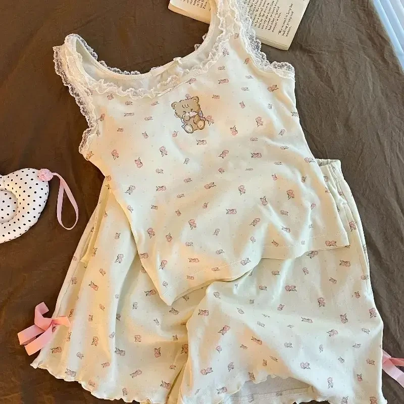 甜美印花吊带睡衣带蕾丝花边带胸垫小熊背心短裤家居服套装夏季