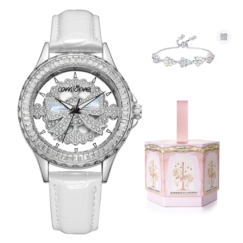 康洛薇comlorvei手表女士2025新款可旋转蝴蝶结镶钻石英镂空腕表