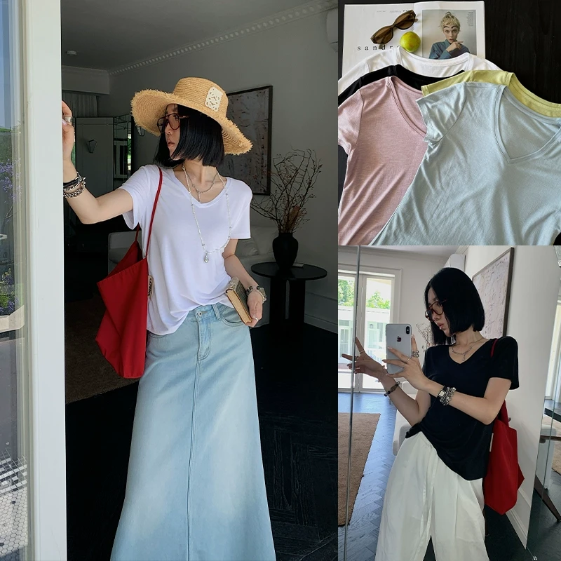 十三粥私服 呼吸 简约圆领/V领纯色T恤季时尚百搭松弛感短袖上衣