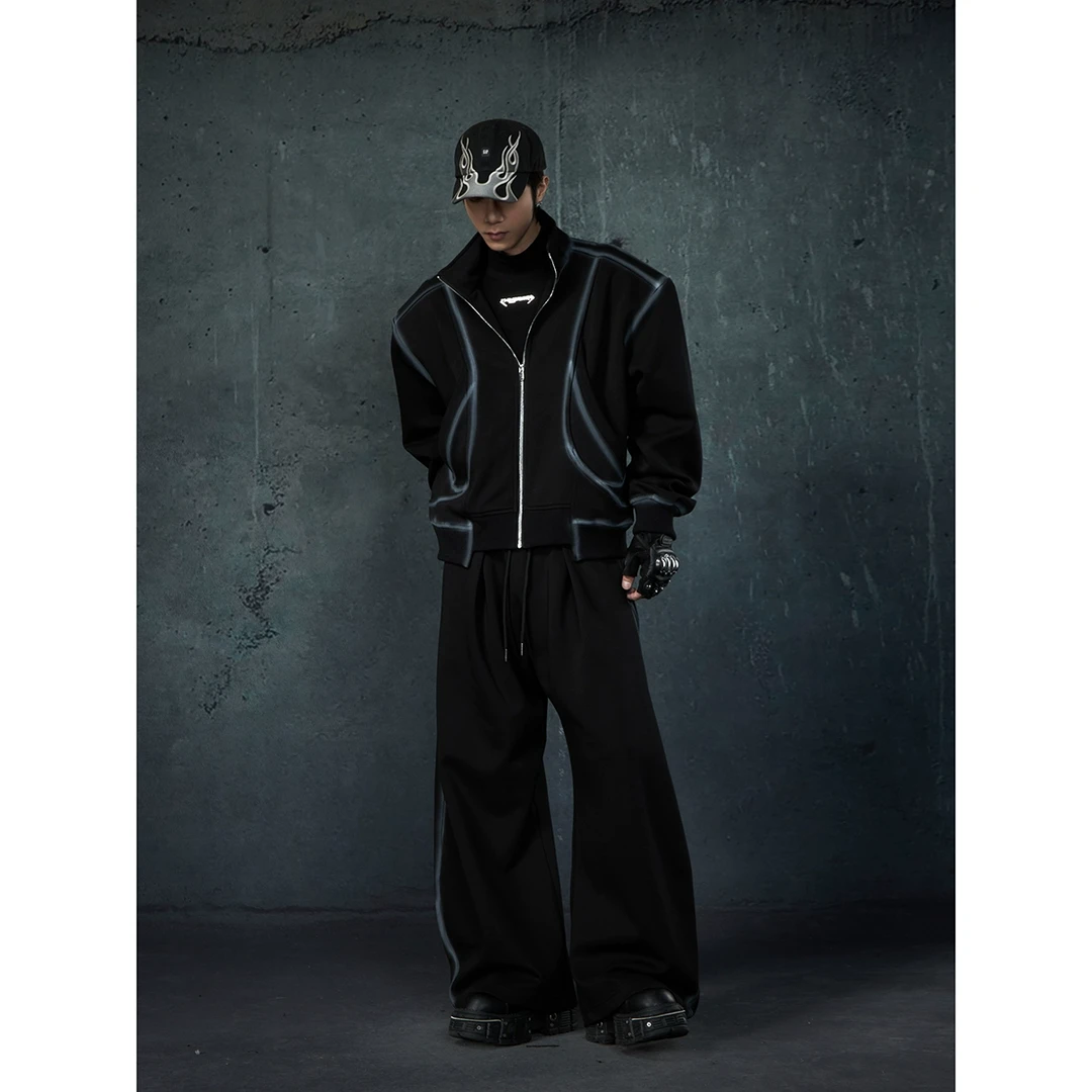 无人孤岛 喷绘线条设计感立领开衫卫衣外套宽松弯刀休闲裤卫裤