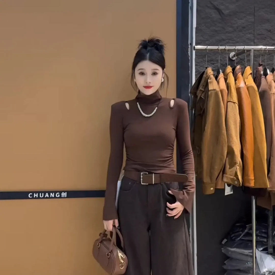 极简风纯色长袖宽松型常规款T恤高腰套装网红显瘦