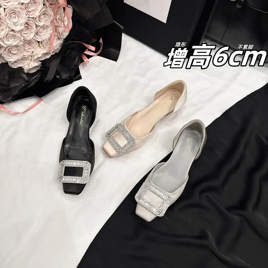羊皮版~6cm内增高缎面水钻扣浅口单鞋女2025新款法式百搭中空凉鞋