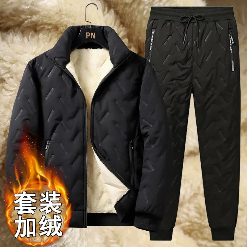 冬季加绒加厚外套男士棉服套装大码宽松防寒服保暖棉袄棉衣套装男