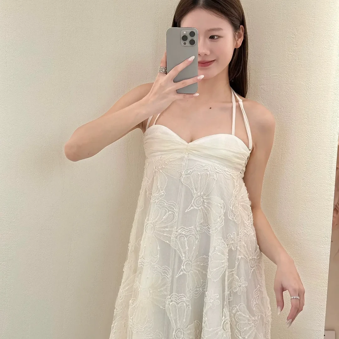 Deplumer贝壳胸绣花纱长摆挂脖无袖连衣裙女galaxyboutique买手店