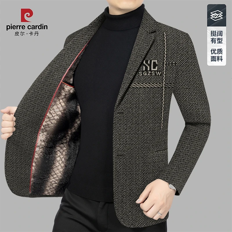 皮尔卡丹男士新款休闲西装高档毛呢西服外套商务休闲修身加厚男装