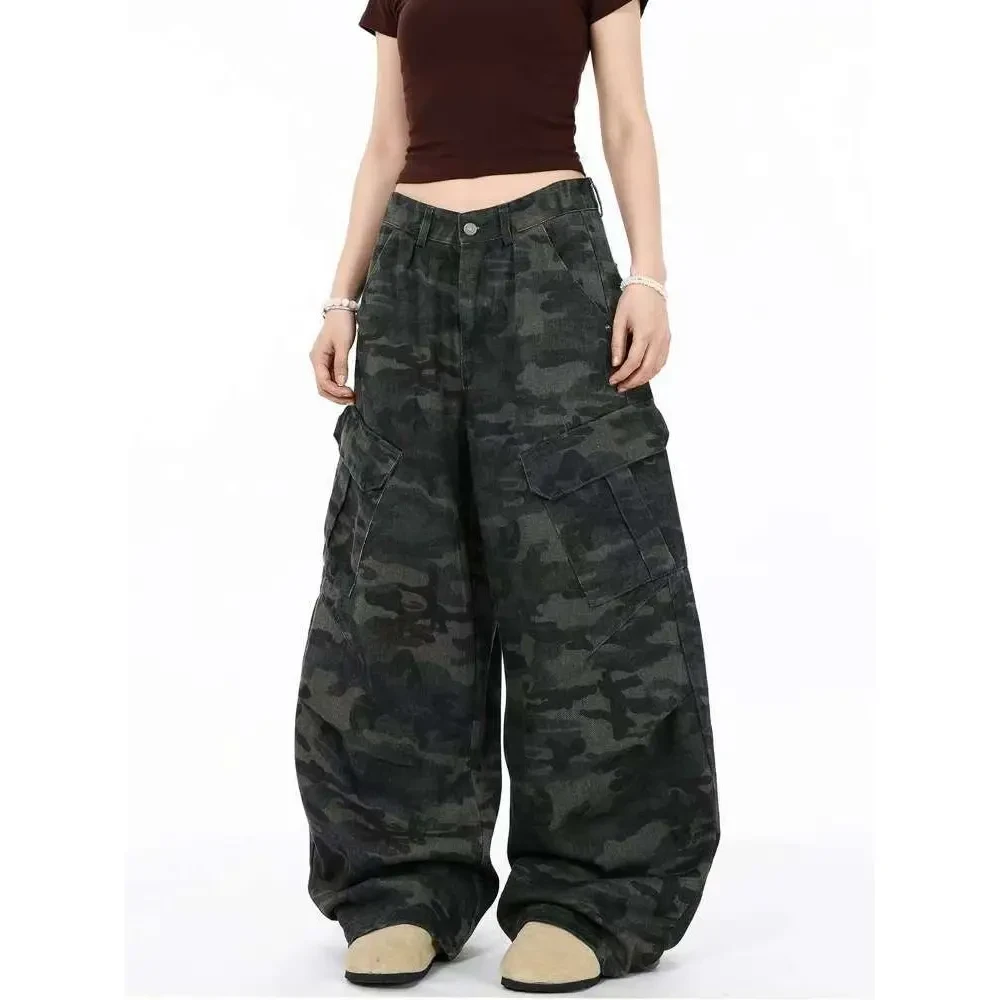 2025新款美式复古做旧褶皱迷彩弯刀裤男女高街baggy镰刀工装长裤