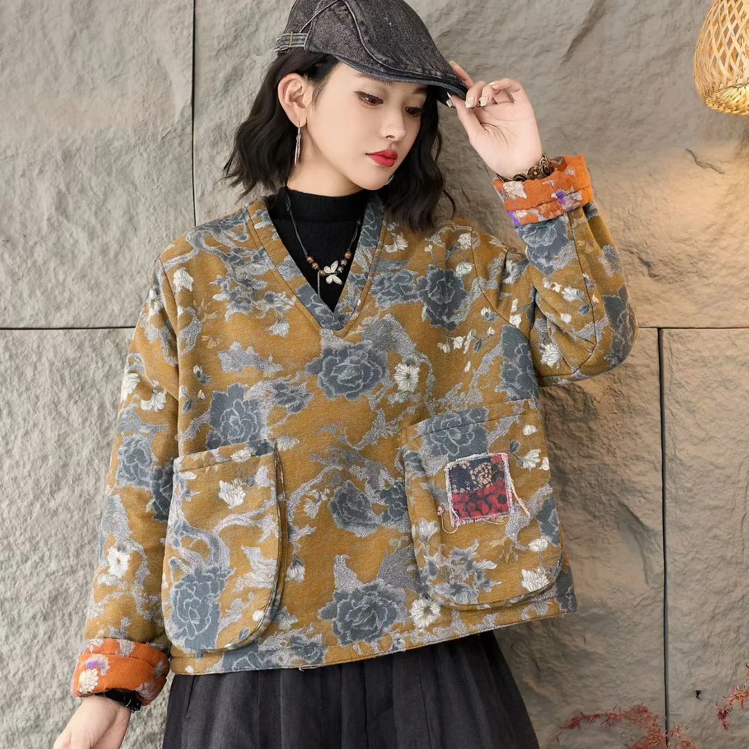 复古印花V领双面穿棉衣女文艺民族风外套