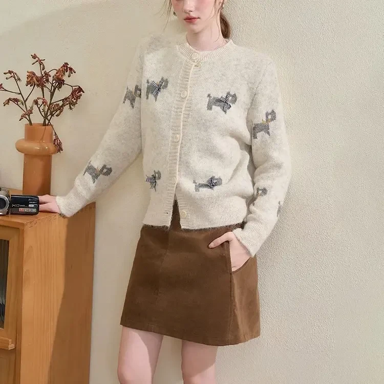 秋冬新款韩系可爱小狗提花蝴蝶结针织开衫女减龄显瘦上衣