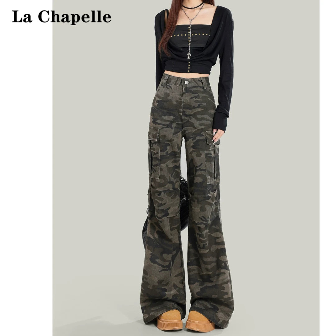 拉夏贝尔美式迷彩工装裤女2025夏季高街复古宽松直筒垂感休闲裤子