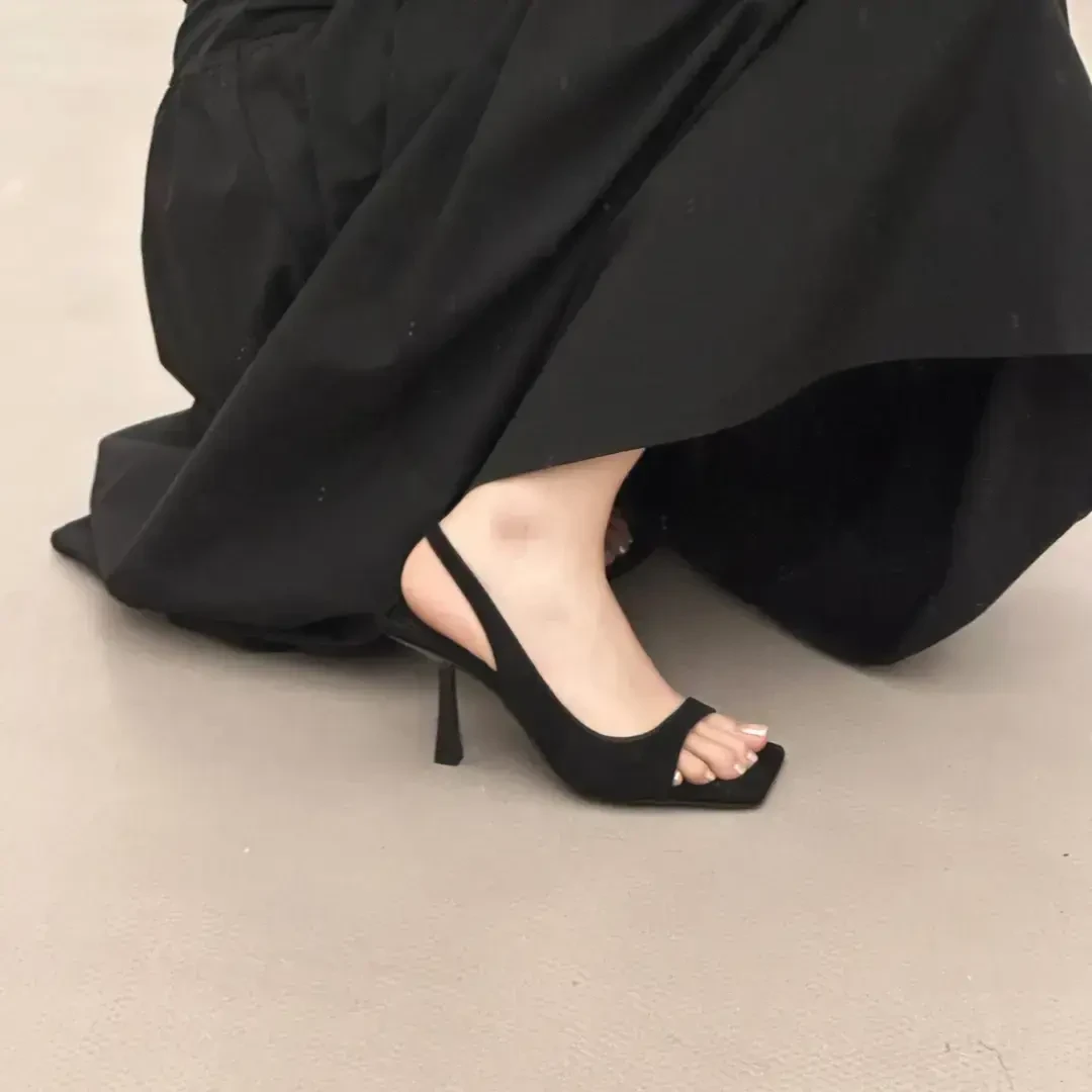 小众高跟鞋黑色波点法式露趾后空凉鞋仙女风女鞋新品夏季高跟鞋女