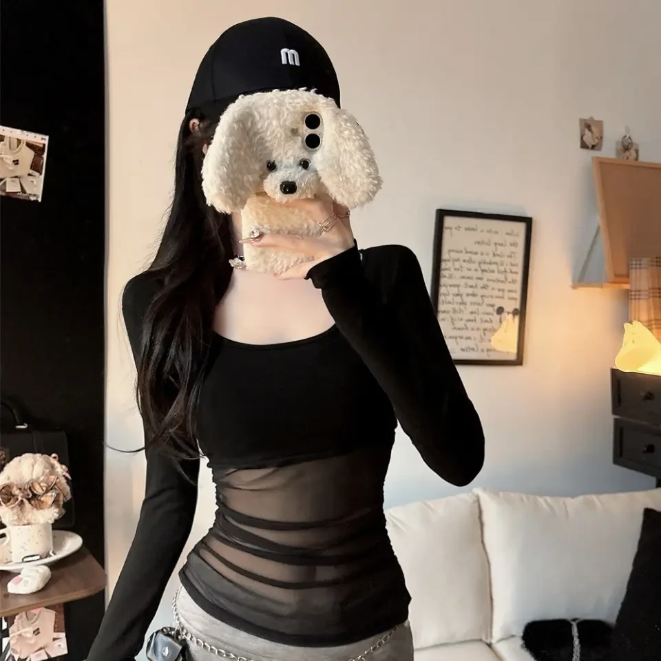 166# 拼接褶皱内搭吸汗针织女T恤通勤方领薄款长袖