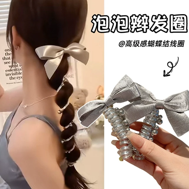 银色蝴蝶结电话线发圈女2025新款高级感头绳扎马尾泡泡辫发绳头饰