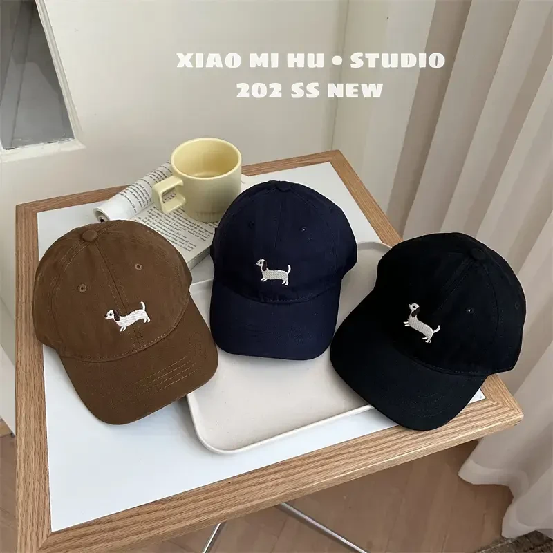 新款刺绣腊肠狗儿童棒球帽ins韩系百搭宽帽檐宝宝遮阳鸭舌帽