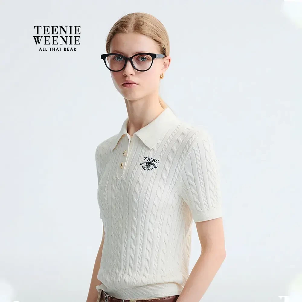 TeenieWeenie小熊毛针织衫2025学院风POLO领短袖毛衣TTKW253807W