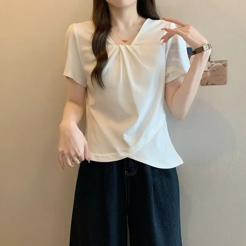 纯色不规则女装修身V领短袖T恤法式夏季常规款胖妹妹褶皱洋气体恤