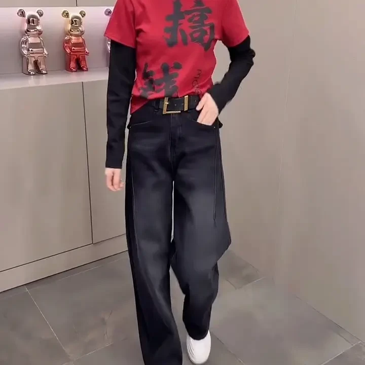 新年款红色t恤显瘦长袖打底衫时尚百搭拼色上衣