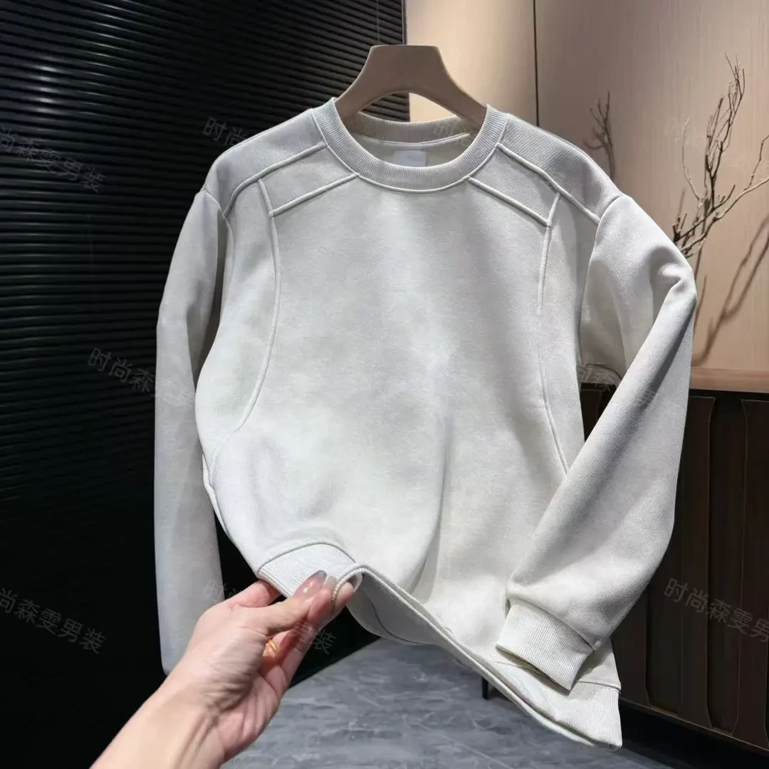 秋冬新款时尚潮流圆领加绒男士质感简约休闲百搭卫衣春秋长袖宽松