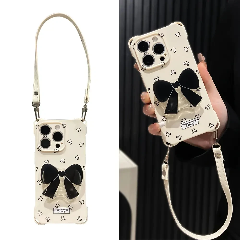 满屏小蝴蝶结适用苹果16promax手机壳四角挂绳iPhone15/14支架款