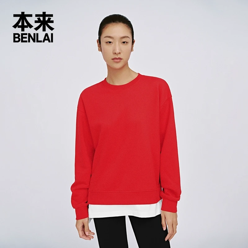 本来BENLAI女士假两件抓绒圆领卫衣2025春季新款上衣衫BNAW50001