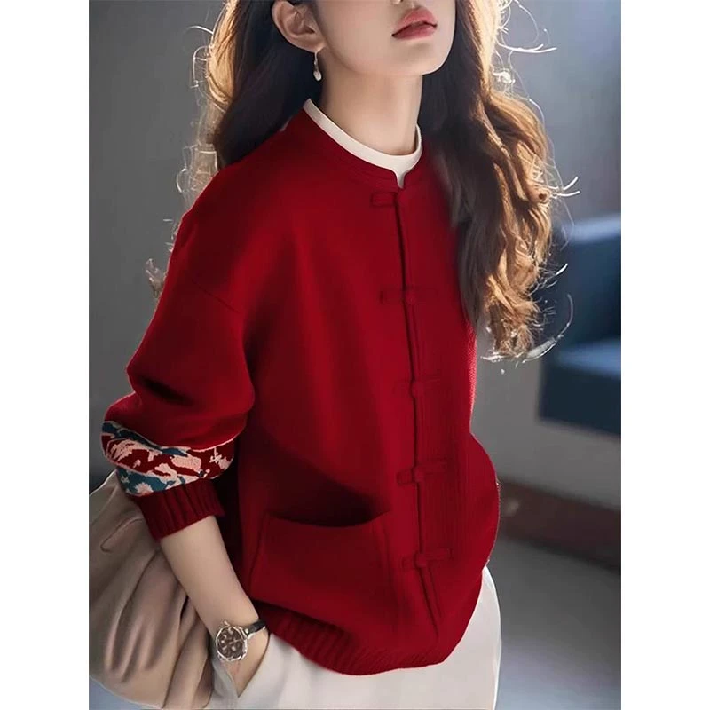 新中式国风红色针织衫女春秋季2025年新款新年战袍慵懒风毛衣上衣