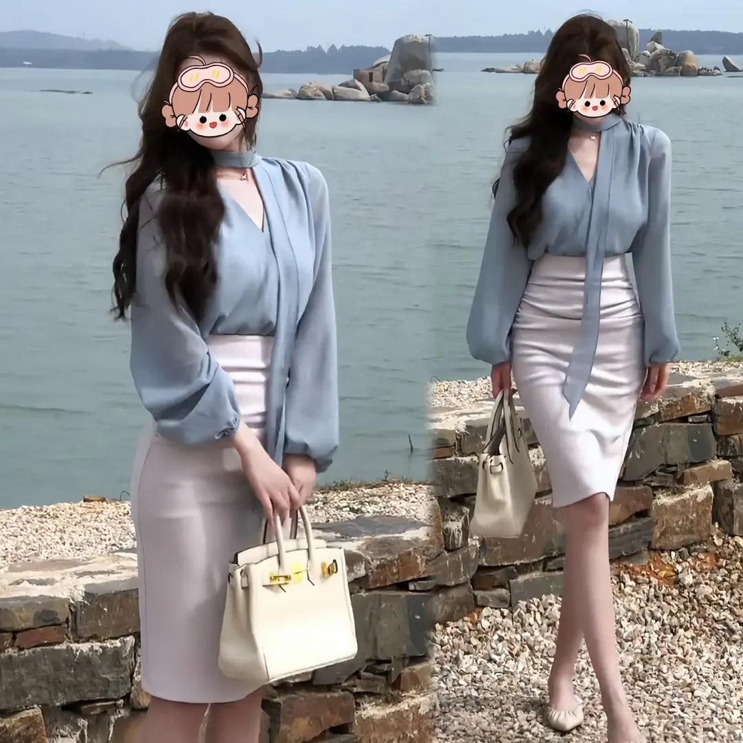 早春氛围感穿搭2025韩系轻熟气质V领衬衫女高腰显瘦包臀裙半身裙