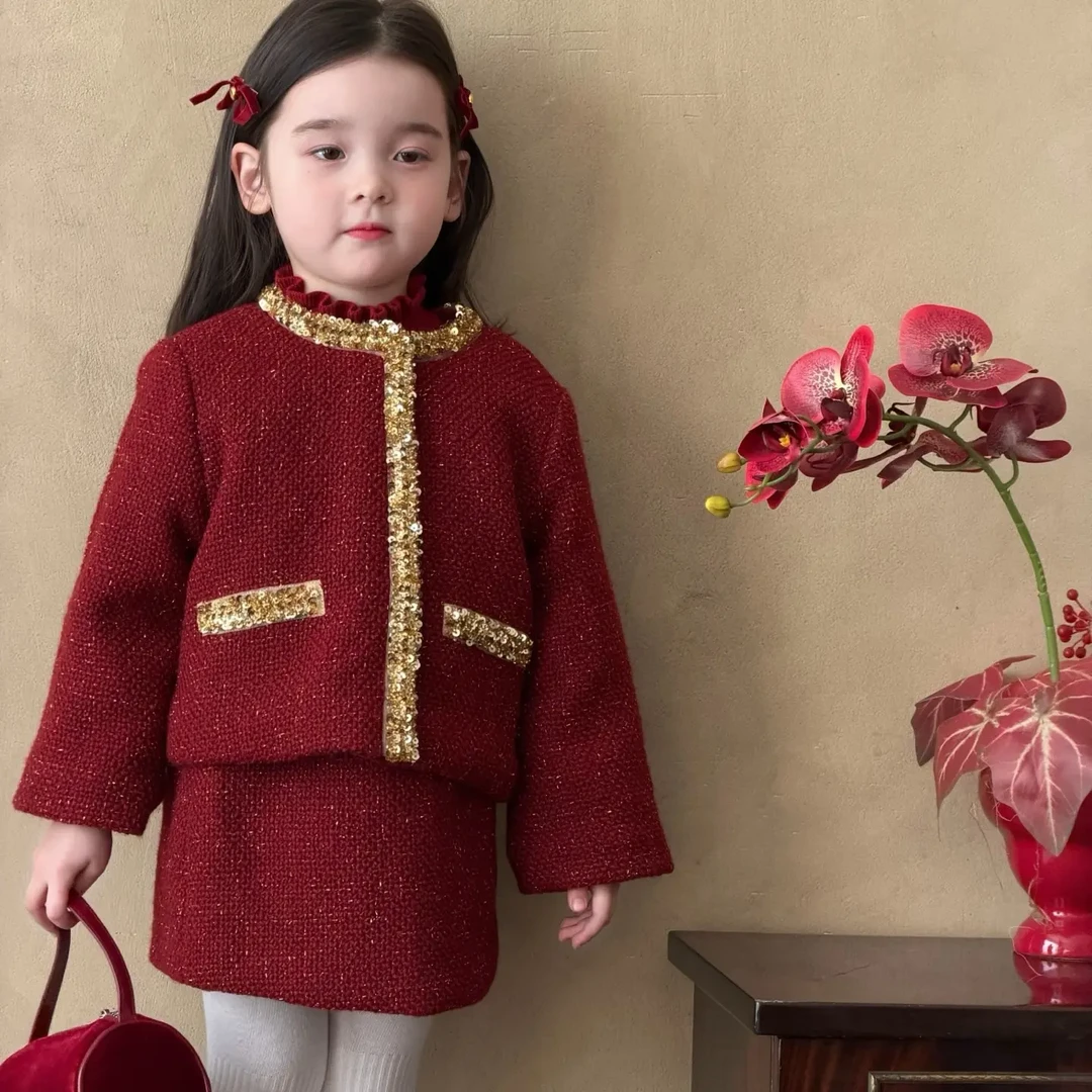 正版苏西Susie 秋冬加绒小香风红色年款套装裙7530