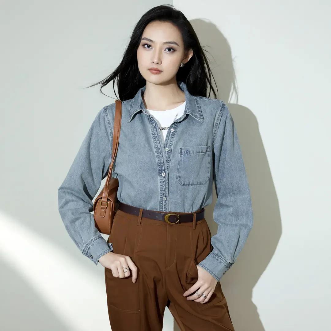 【专柜品质】港风复古衬衣牛仔衬衫蓝色时尚长袖水牛仔外套宽松上衣