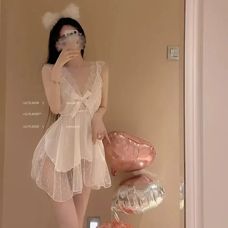 【霓醉魅轻奢】爆款2025网纱蕾丝诱惑甜美蝴蝶结吊带睡裙女式家居服