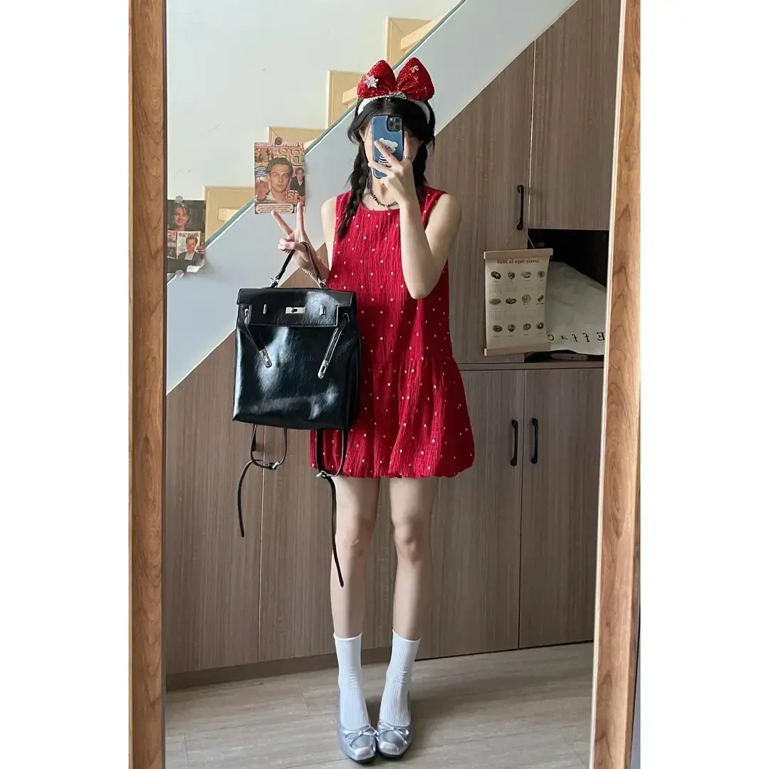 复古红色甜美波点法式连衣裙漂亮独特小众不撞款a字花苞裙小个子