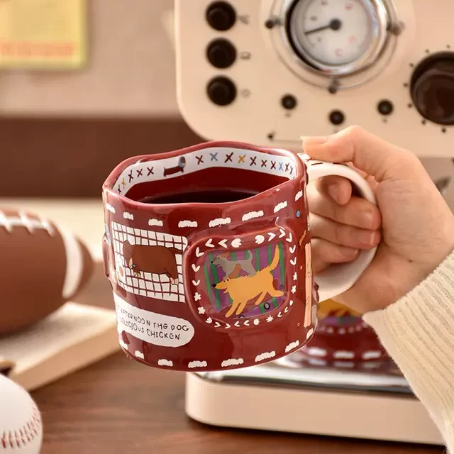 PiaJi 拼布狗狗大集结 安哥拉红美式复古小狗马克杯大容量陶瓷杯