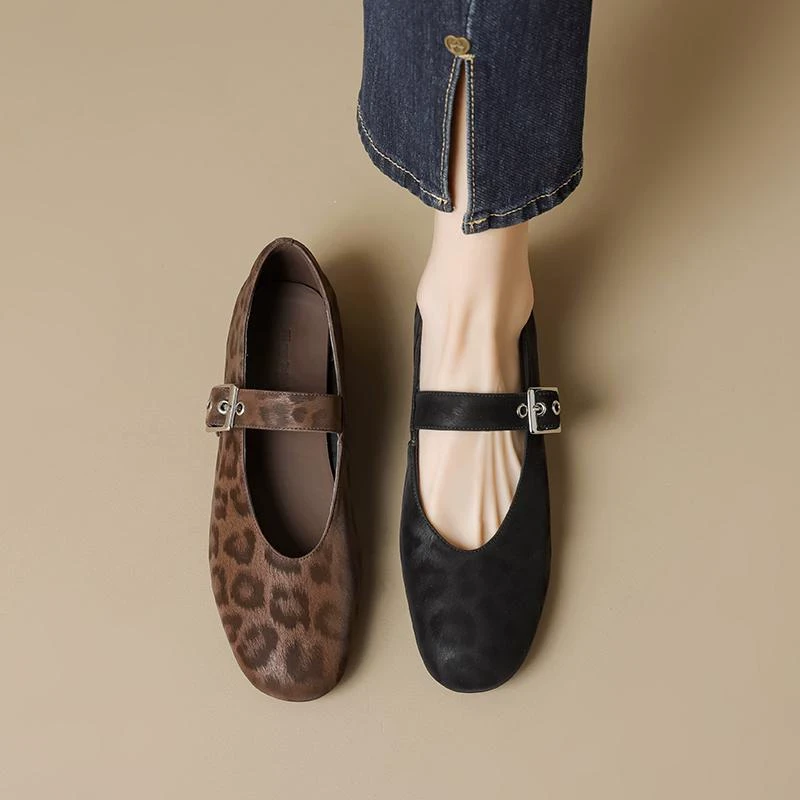 复古浅口方头真皮豹纹单鞋一字扣带玛丽珍女鞋豹纹牛皮低跟平底鞋