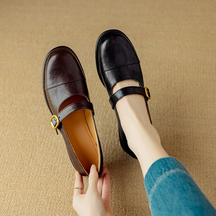3cm中跟一脚蹬真皮女法式复古时尚圆头平跟塑料胶粘工艺深口单鞋