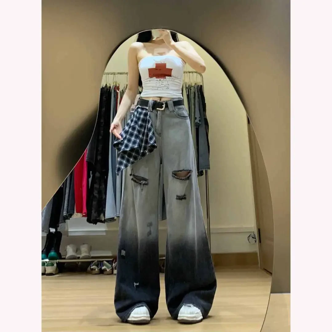 渐变色破洞阔腿牛仔裤女2025夏季新款宽松显瘦设计感直筒拖地裤子