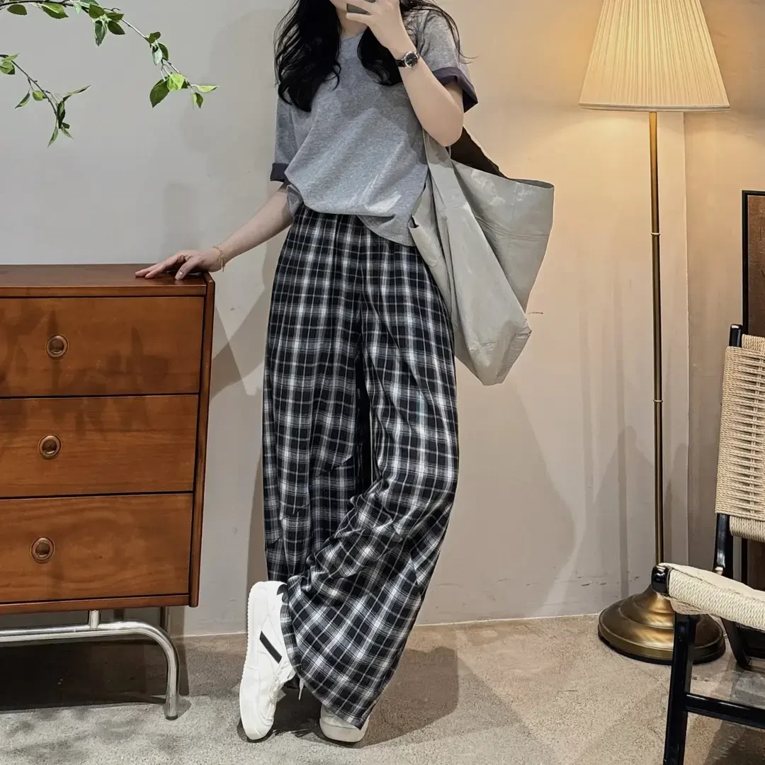 韩版时尚夏季宽松分割格纹梭织垂感拖地阔腿长裤女-J25102311