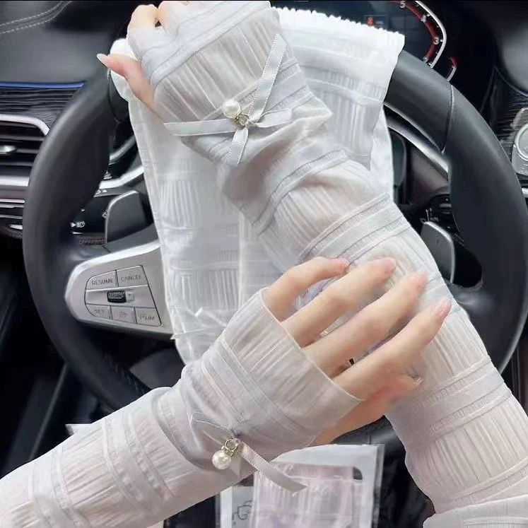 防晒冰丝袖套女士蕾丝开车户外骑行宽松手套袖夏季防紫外线薄款
