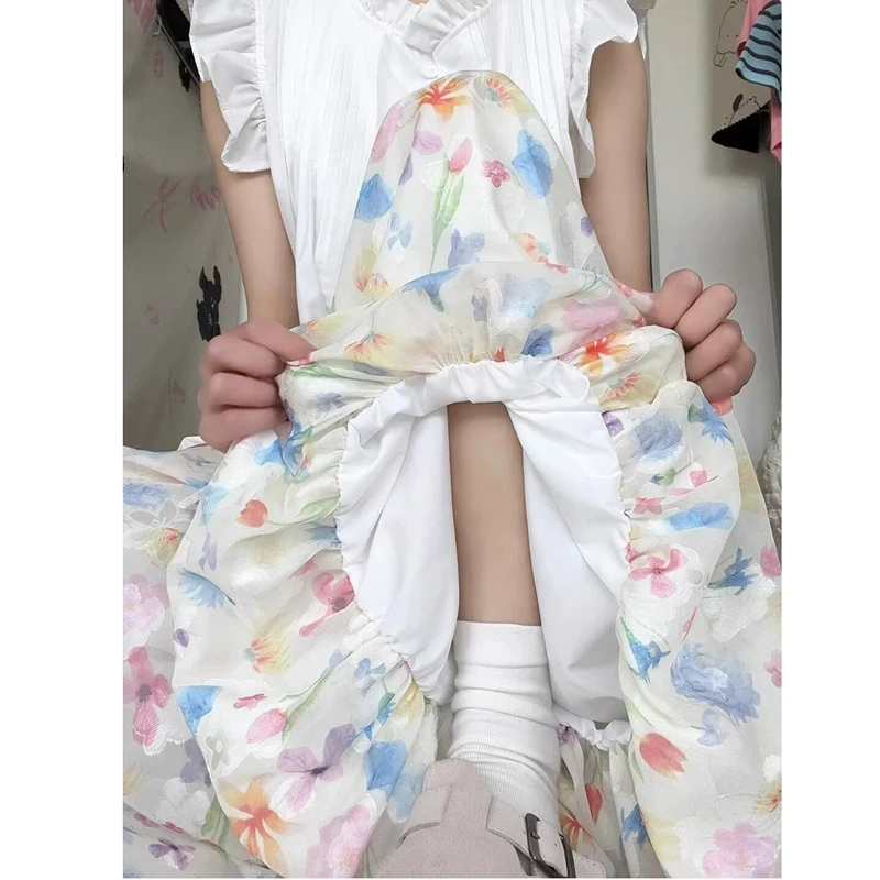 夏季冰丝碎花花苞裤女薄2025新款高腰垂感小个子彩色阔腿休闲裙裤