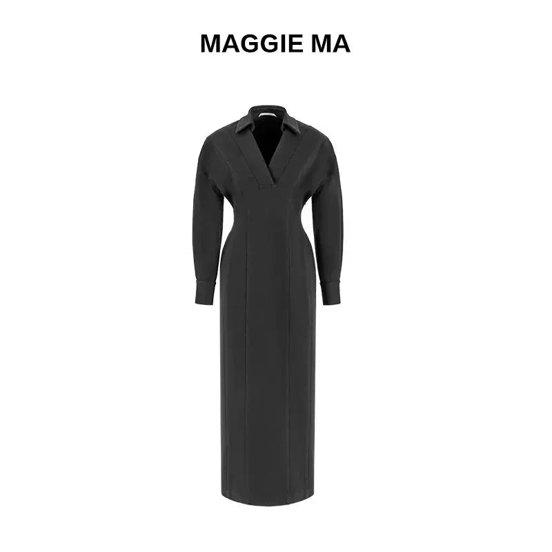 MAGGIE MA马婧设计师款黑色V领高雅气质收腰通勤连衣裙971D
