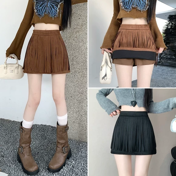 流苏麂皮绒复古半身裙子2025秋冬新款裙裤女防走光黑色显瘦a字潮