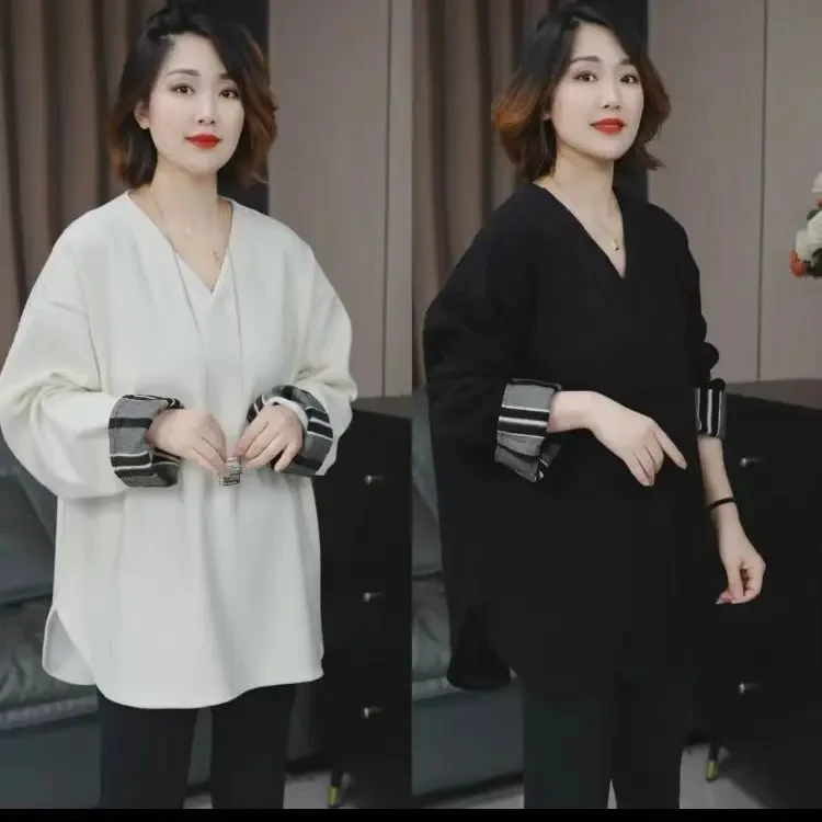 秋冬季加绒加厚V领宽松韩版毛呢卫衣女慵懒风叠穿百搭套头上衣