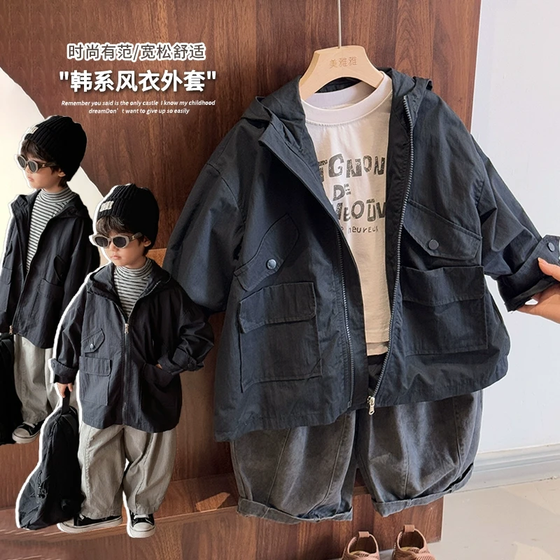 《春上新》韩版潮童中长款风衣24QL1058男童女童春装连帽工装上衣