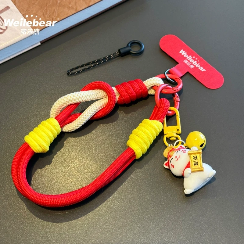 暴富招财猫手机挂绳手腕绳红钥匙扣包包小挂件链条挂饰防丢手机链