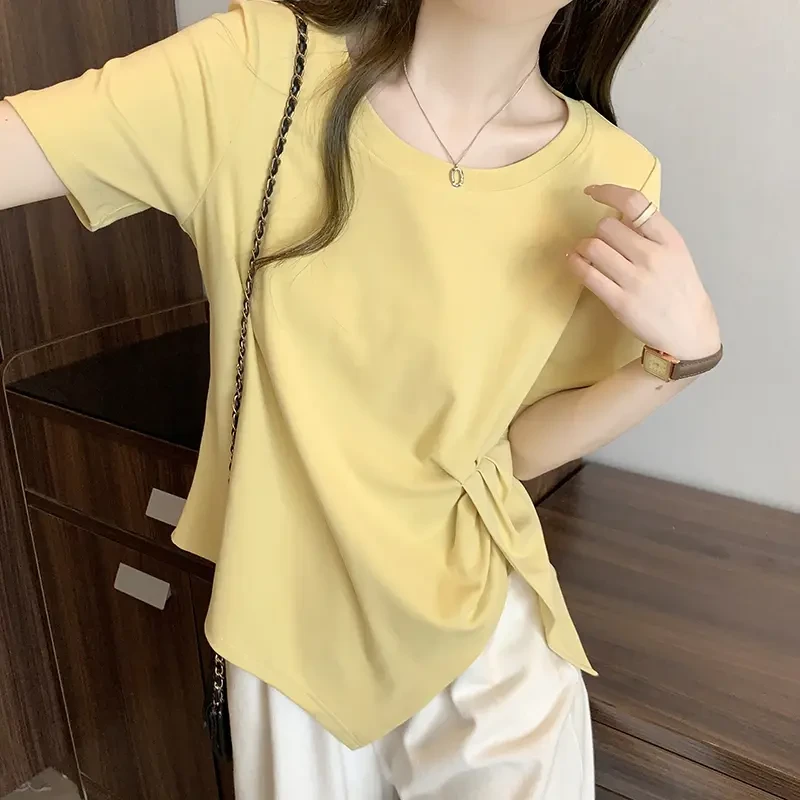不规则开叉短袖T恤女爆款夏季显瘦遮肚2025年流行上衣
