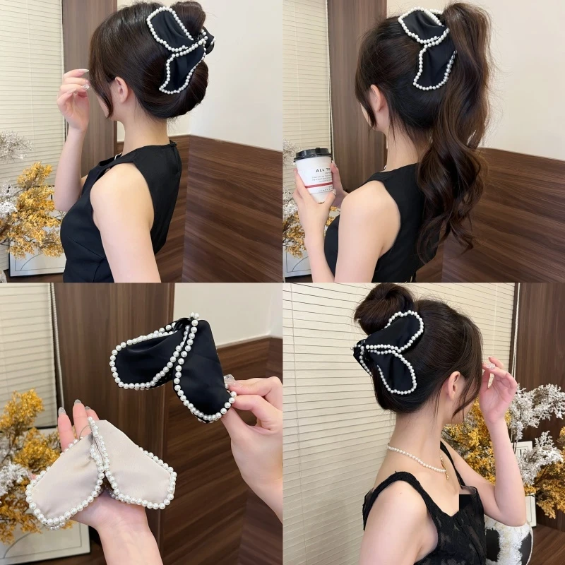 新款气质花瓣珠珠发夹鲨鱼夹百搭高级感后脑勺马尾夹子发饰发卡