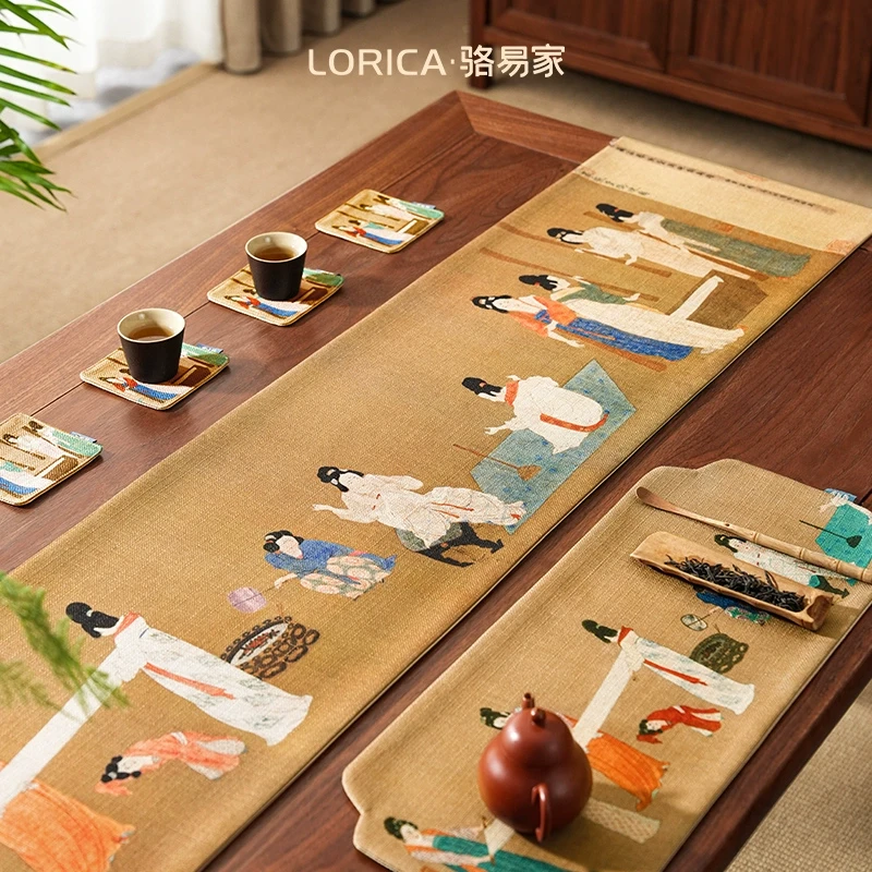 骆易家【捣练图】中式雅韵茶空间国风禅意防水桌旗茶席椅垫抱枕