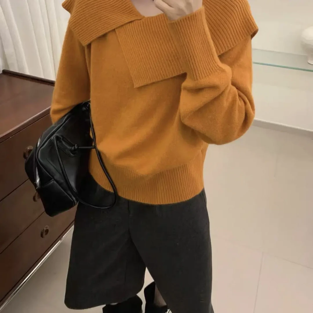 秋冬新款韩系大翻领不规则百搭显瘦针织开衫女