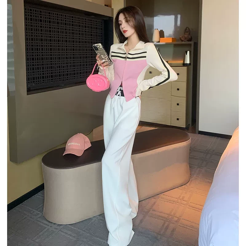 粉色休闲运动套装女春秋季时尚网红炸街洋气显瘦卫衣阔腿裤两件套