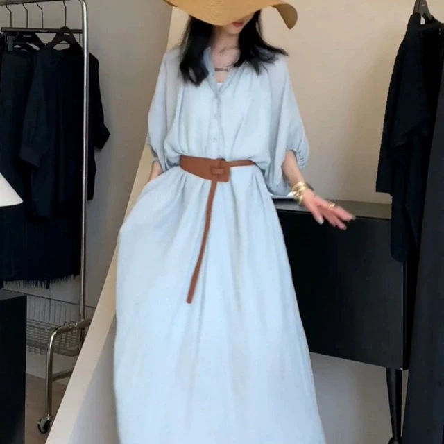 蓝色小众设计系带显瘦连衣裙女夏款2025新款时尚气质宽松收腰长裙