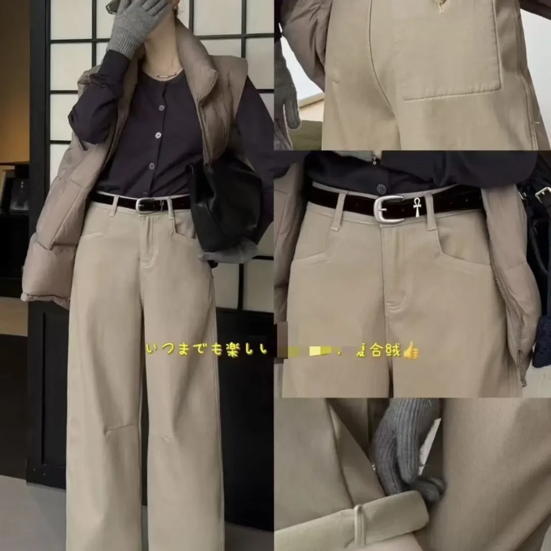 冬季加绒加厚韩系简约窄版弯刀牛仔女显瘦百搭奶茶色长裤N1826-1