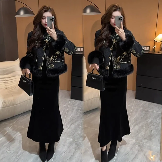 新中式国风两件套女2025冬季新款洋气潮流棉服显瘦鱼尾裙时尚套装